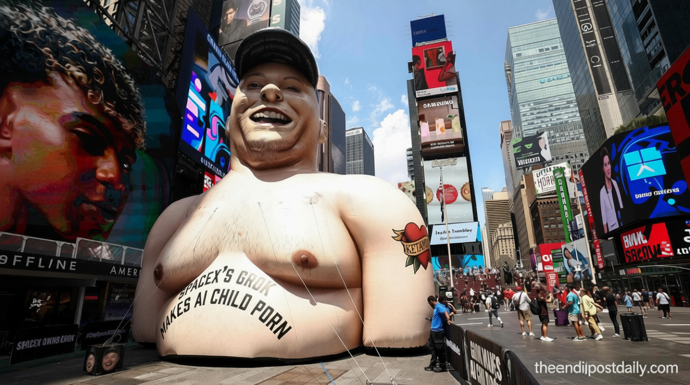 Giant inflatable Elon Musk pops up in Times Square before SpaceX IPO with a warning for investors