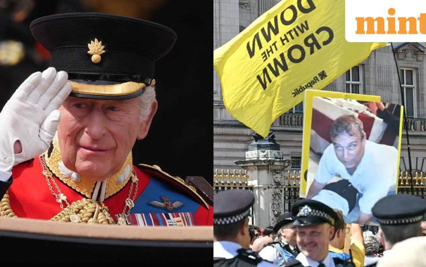 Protestors hold ex Prince Andrew, Jeffrey Epstein images outside Buckingham Palace during King Charles birthday
