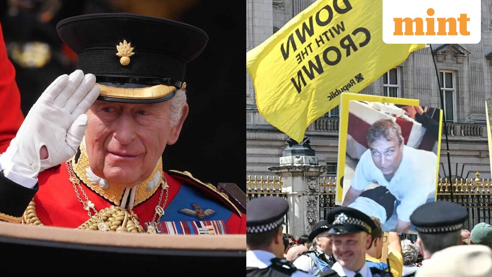 Protestors hold ex Prince Andrew, Jeffrey Epstein images outside Buckingham Palace during King Charles birthday